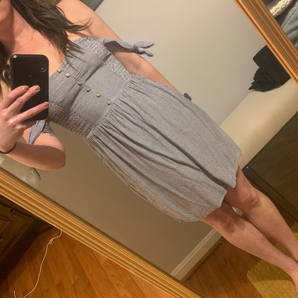 AE Pinstripe Tie Shoulder Blue Mini Dress